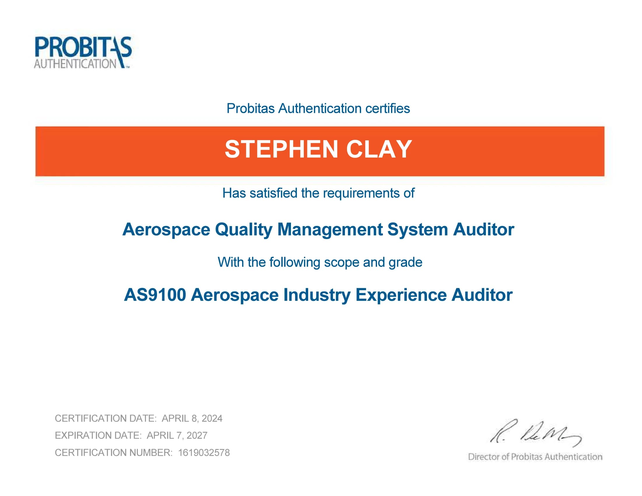 AS9100 Aerospace Industry Experience Auditor